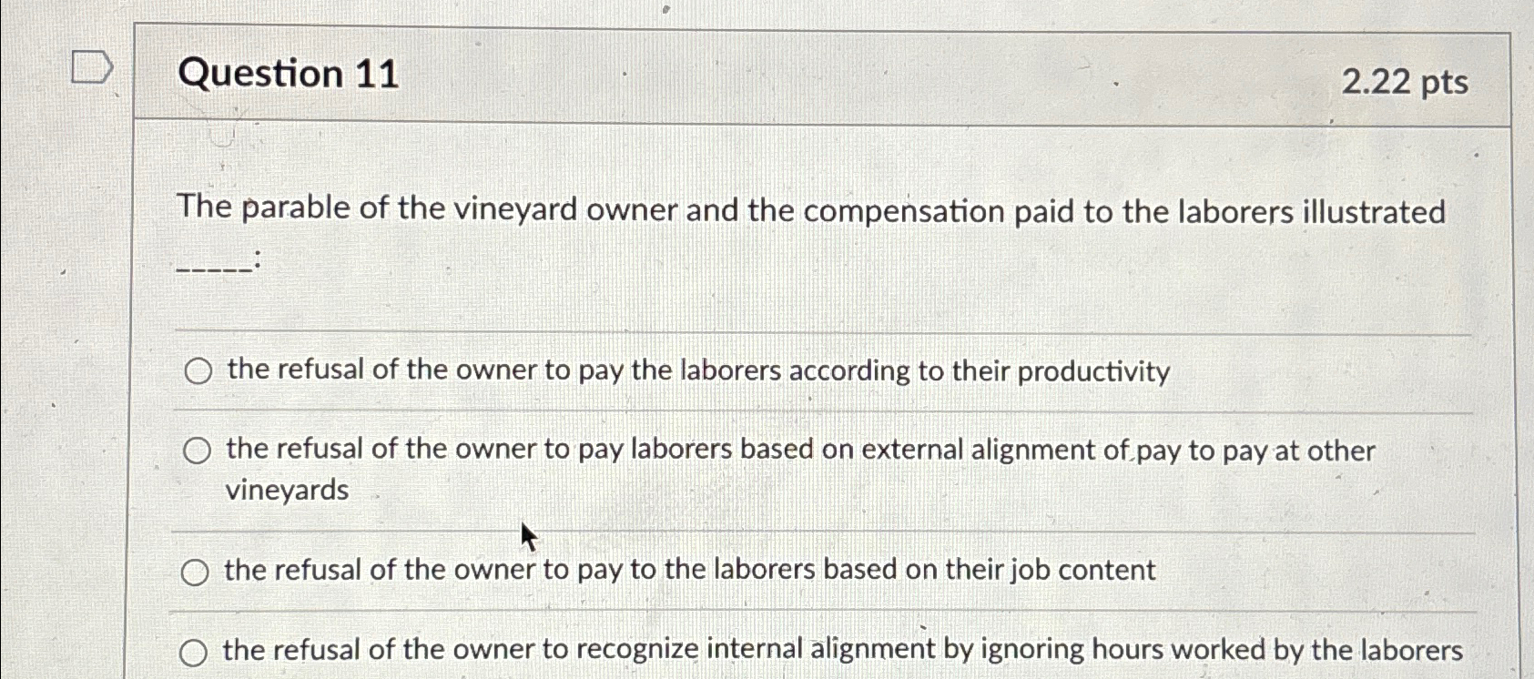  Question 11 2.22pts The parable of the vineyard owner and the