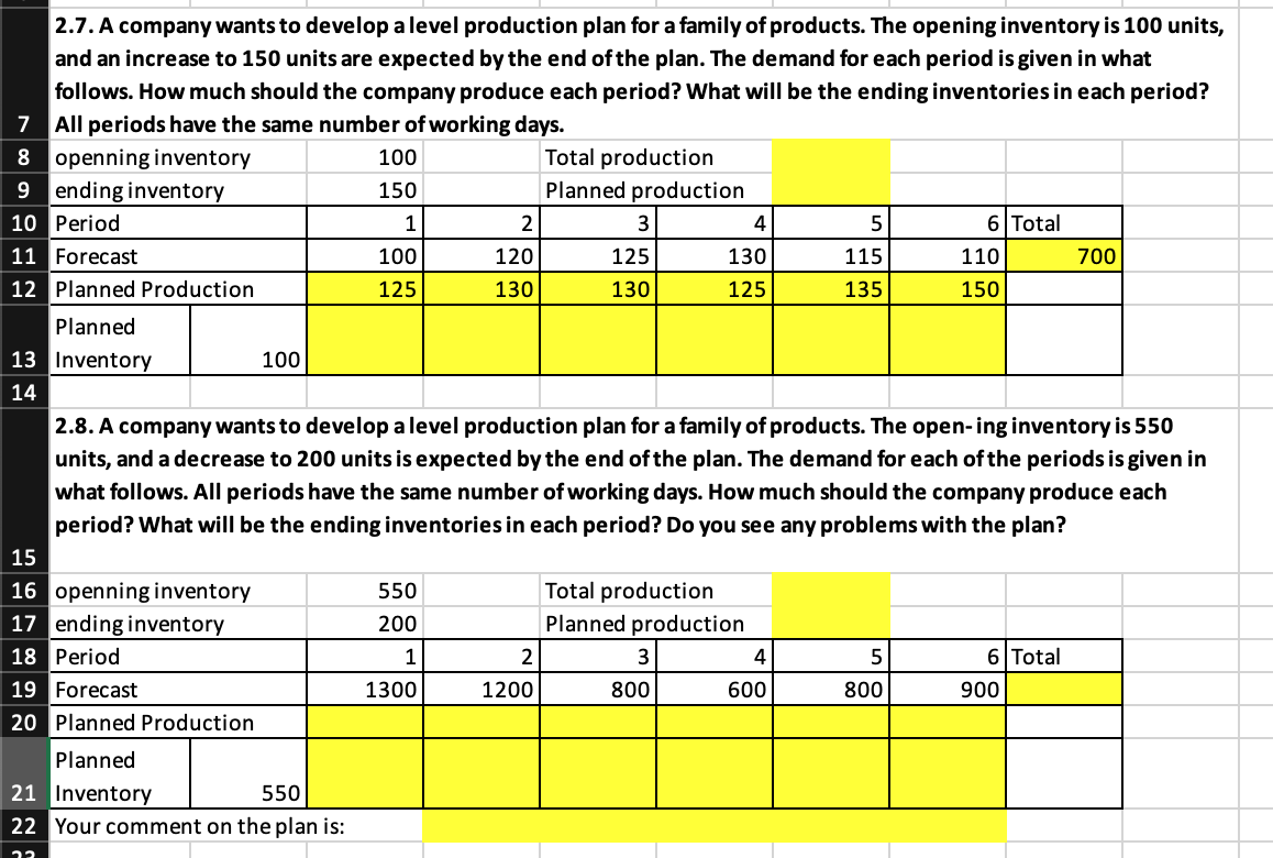  2.7. A company wants to develop a level production plan for