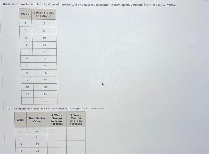  a) Compute four-weck and five-week moving averages for the time series.
