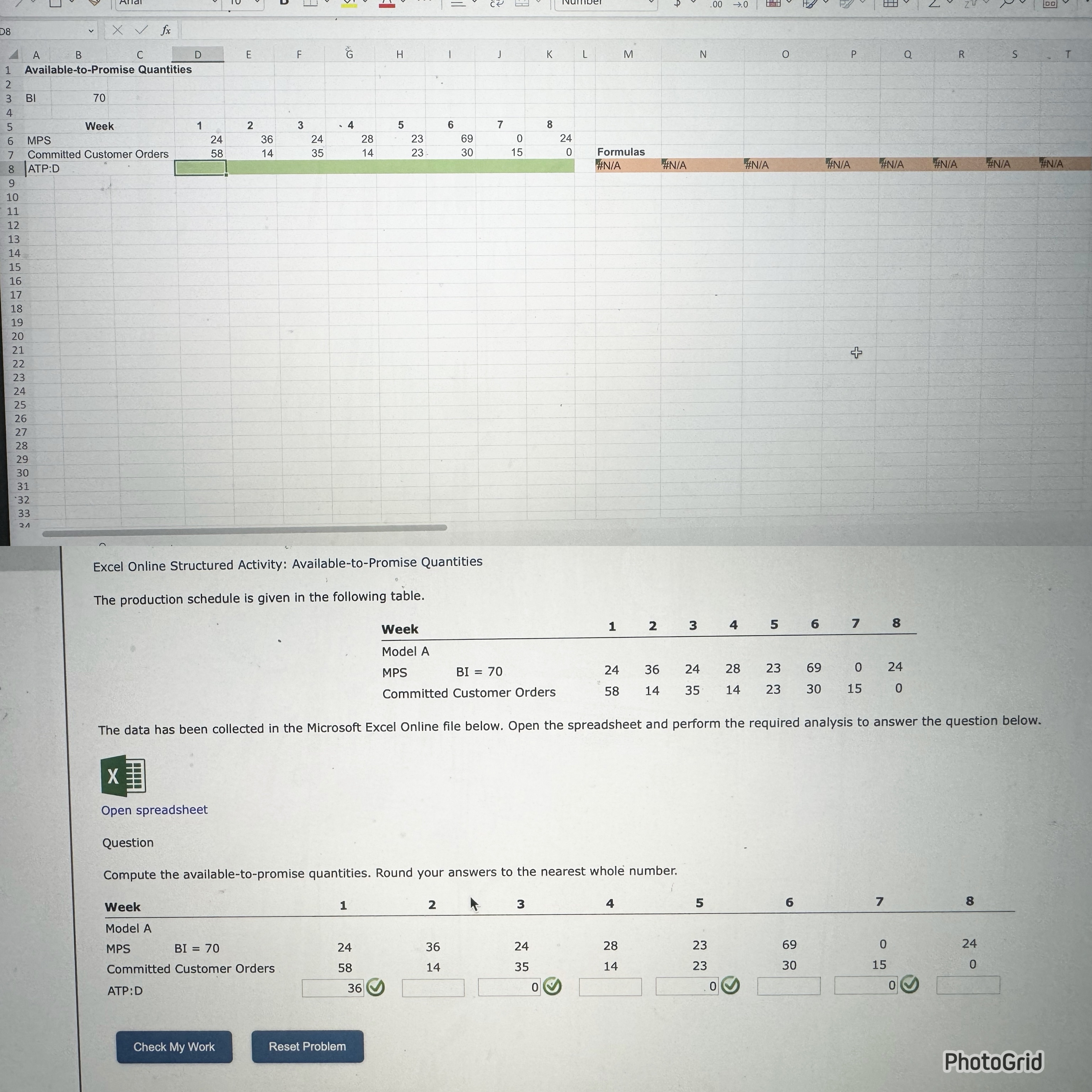  Excel Online Structured Activity: Available-to-Promise Quantities The production schedule is given