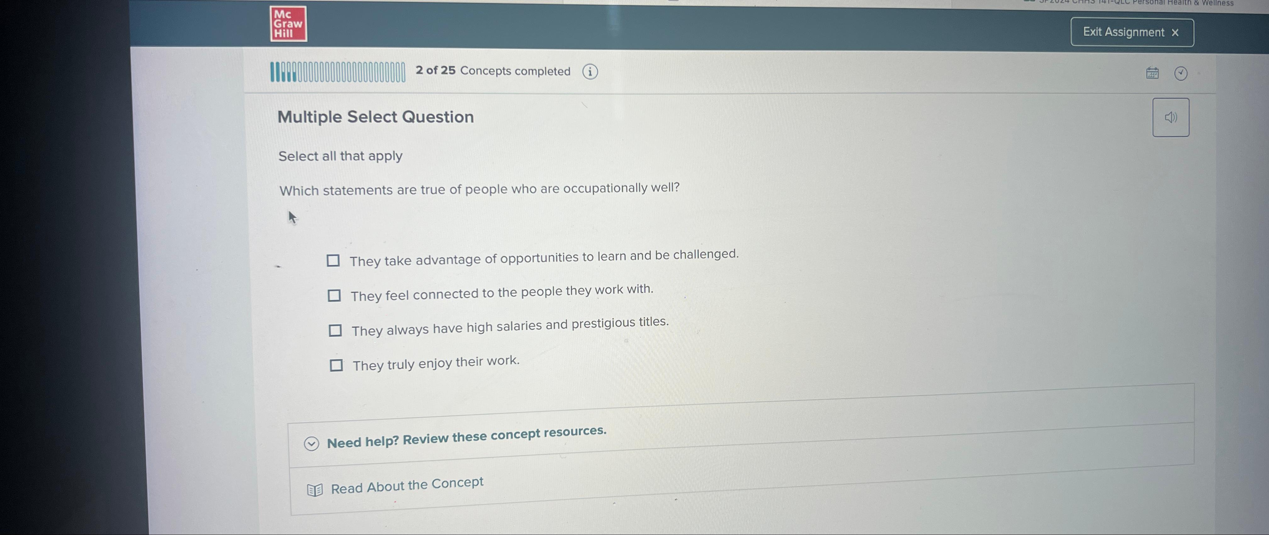  Mc Exit Assignment x 2 of 25 Concepts completed (i) Multiple