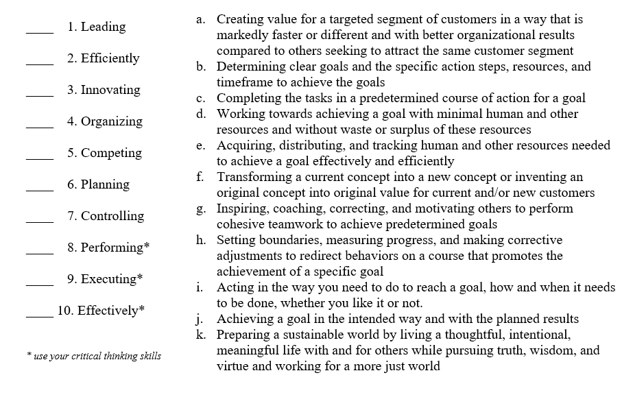  Leading Efficiently Innovating Organizing Competing Planning Controlling Performing* Executing* Effectively* use
