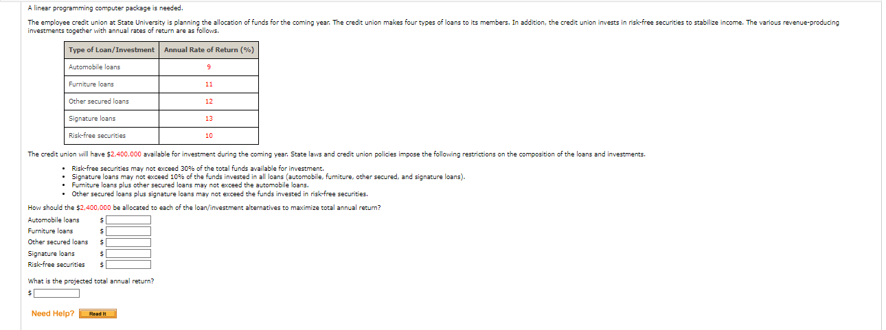  question 2 hw6 A linear programming computer package is needed. investments