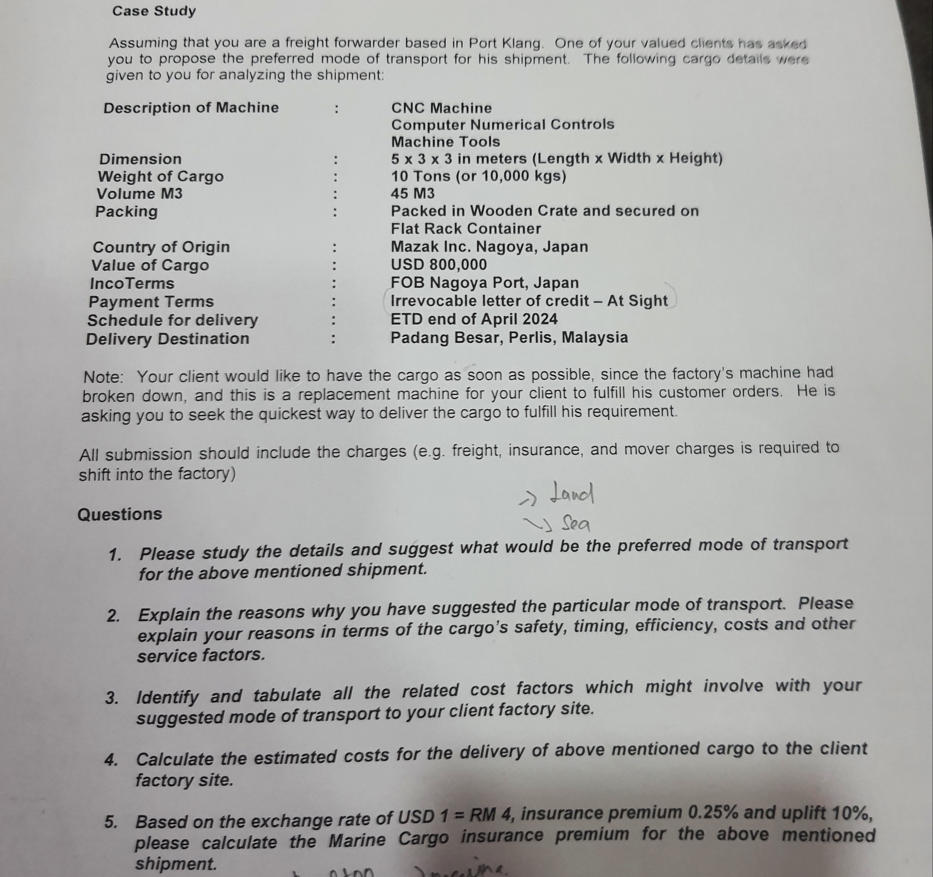  Case Study Assuming that you are a freight forwarder based in