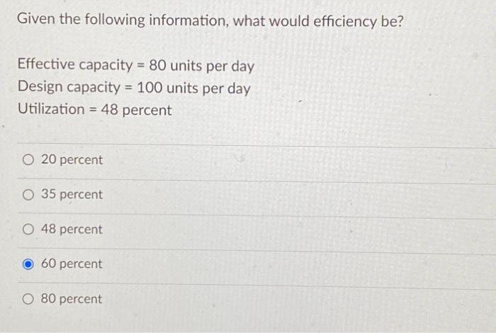  Given the following information, what would efficiency be? Effective capacity =80