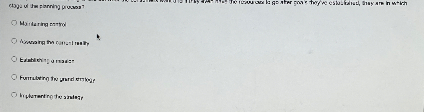  stage of the planning process? Maintaining control Assessing the current reality