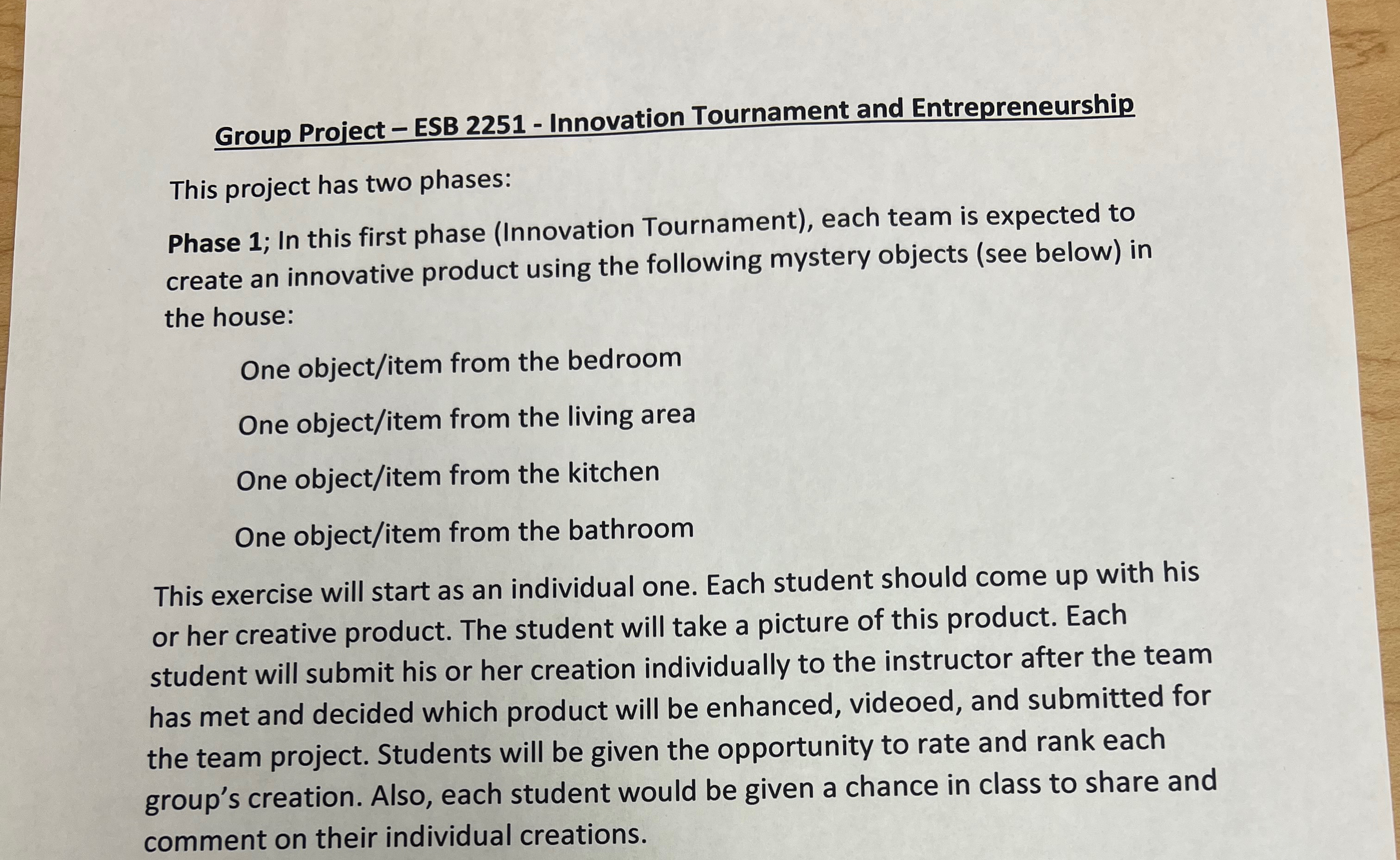  Group Project - ESB 2251- Innovation Tournament and Entrepreneurship This project