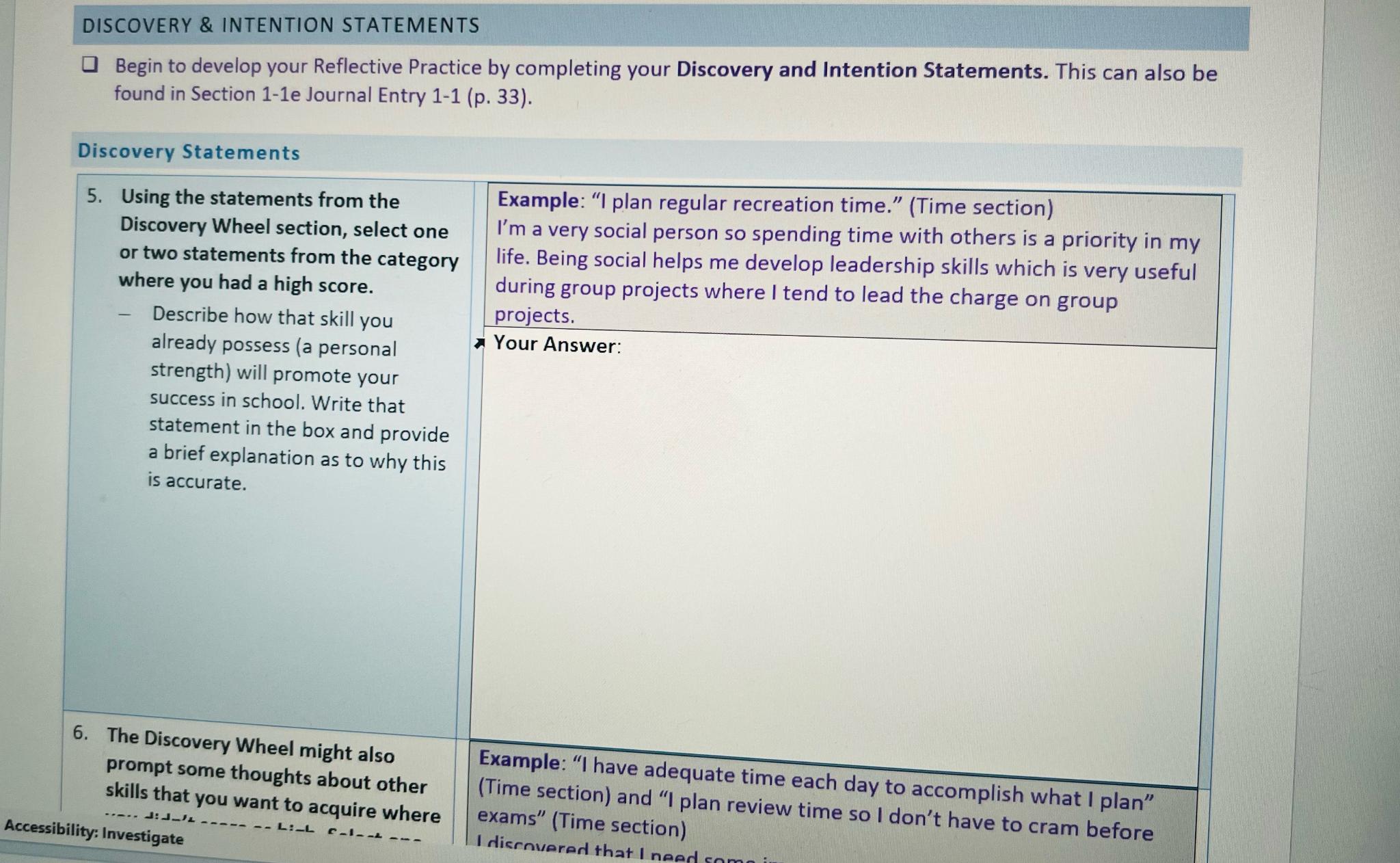  DISCOVERY & INTENTION STATEMENTS Begin to develop your Reflective Practice by