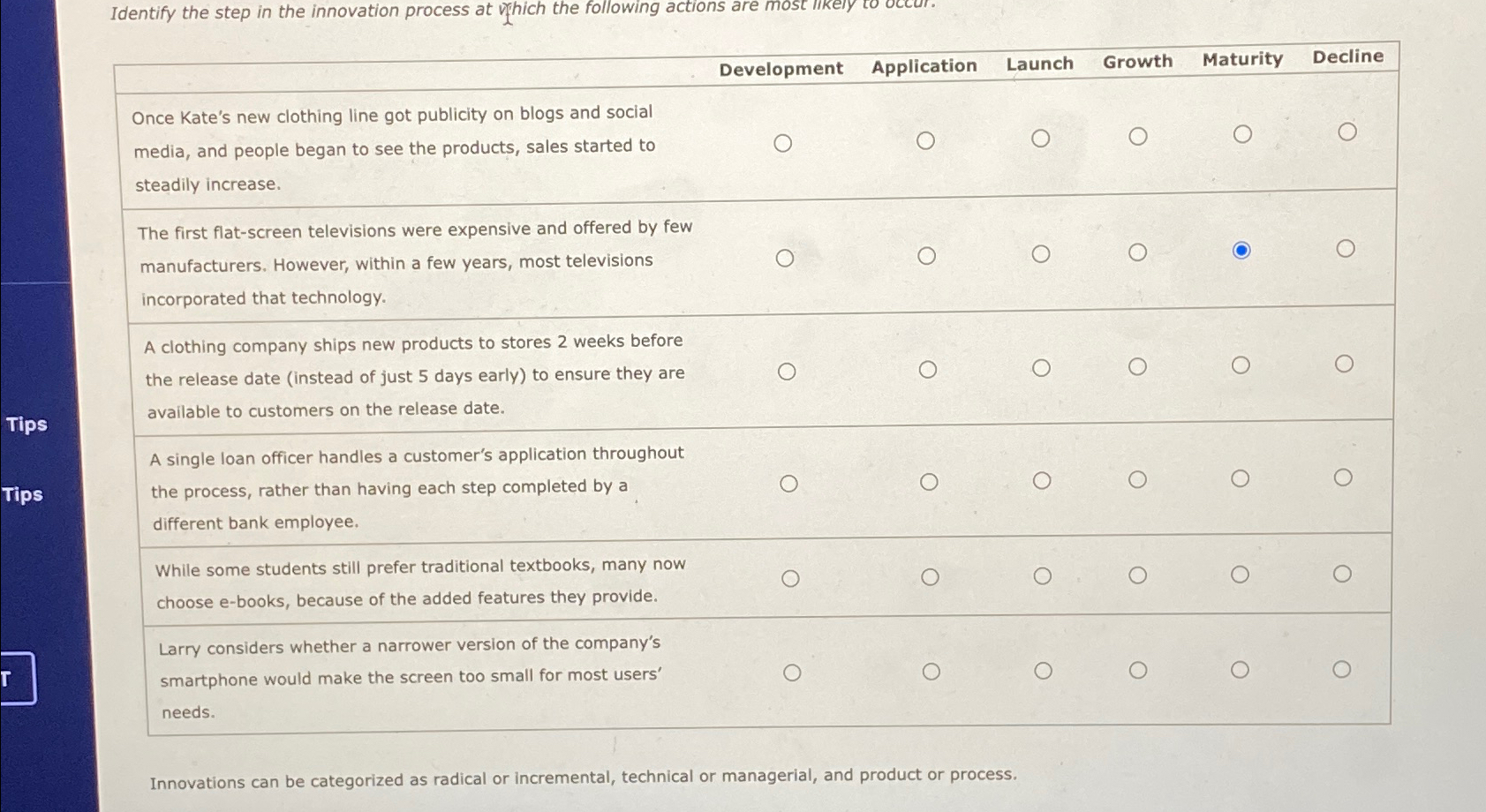  Identify the step in the innovation process at vich the following