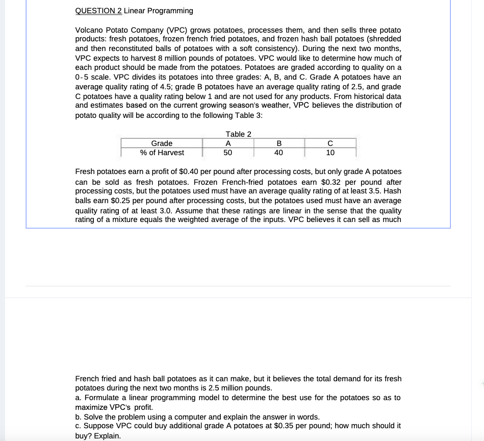  QUESTION 2 Linear Programming Volcano Potato Company (VPC) grows potatoes, processes