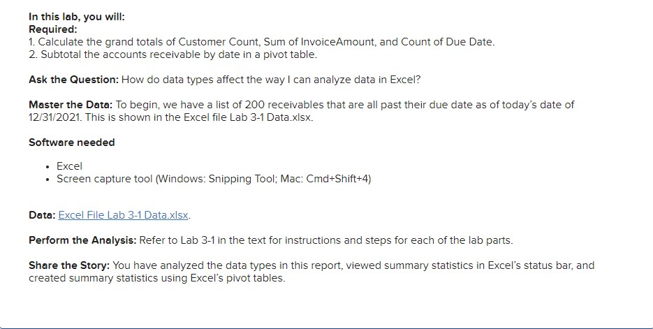 Excel File Lab 3-1 Data.xlsx.CustomerInvoiceAmountDue DateToday's Date12/31/2021IBM406.5710/3/2021PepsiCo747.1212/15/2021Smirnoff373.599/12/20213M1415.7611/27/2021Canon308.6311/30/2021Intel Corporation526.429/29/2021H&M1117.7510/5/2021American Express612.2812/3/2021Shell Oil Company1348.399/8/2021Home Depot1442.2412/20/2021Porsche890.029/29/2021Burberry1158.989/11/2021AT&T439.8311/5/2021Porsche1440.038/18/2021Porsche999.249/15/2021Beko1183.6812/8/2021BMW812.628/16/2021United