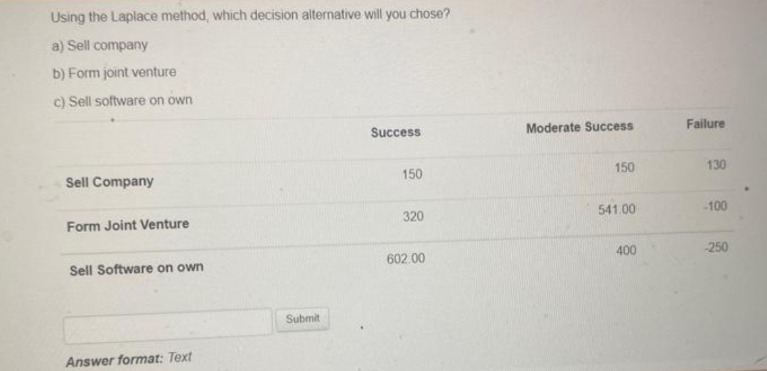  Using the Laplace method, which decision alternative will you chose? a)