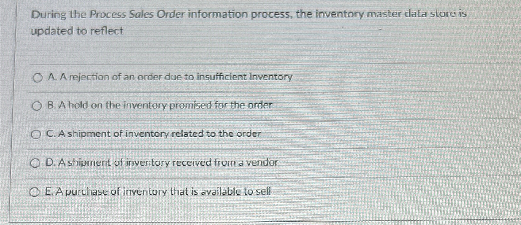  During the Process Sales Order information process, the inventory master data