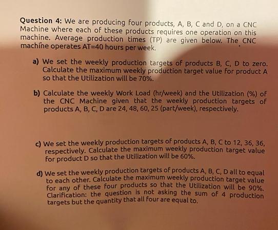  Question 4: We are producing four products, A, B, C and