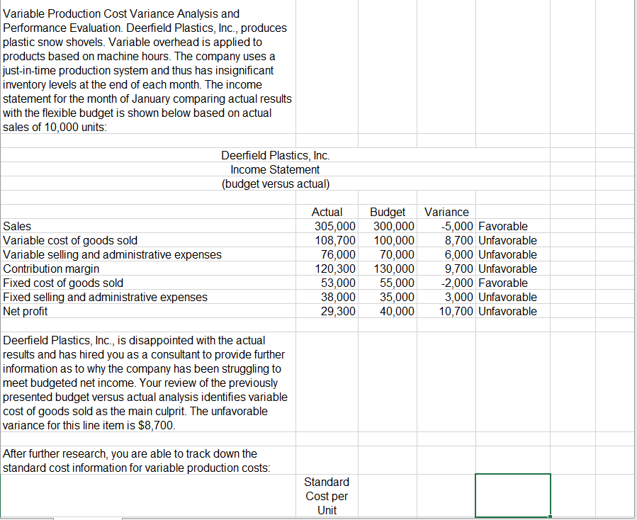  Variable Production Cost Variance Analysis and Performance Evaluation. Deerfield Plastics, Inc.,