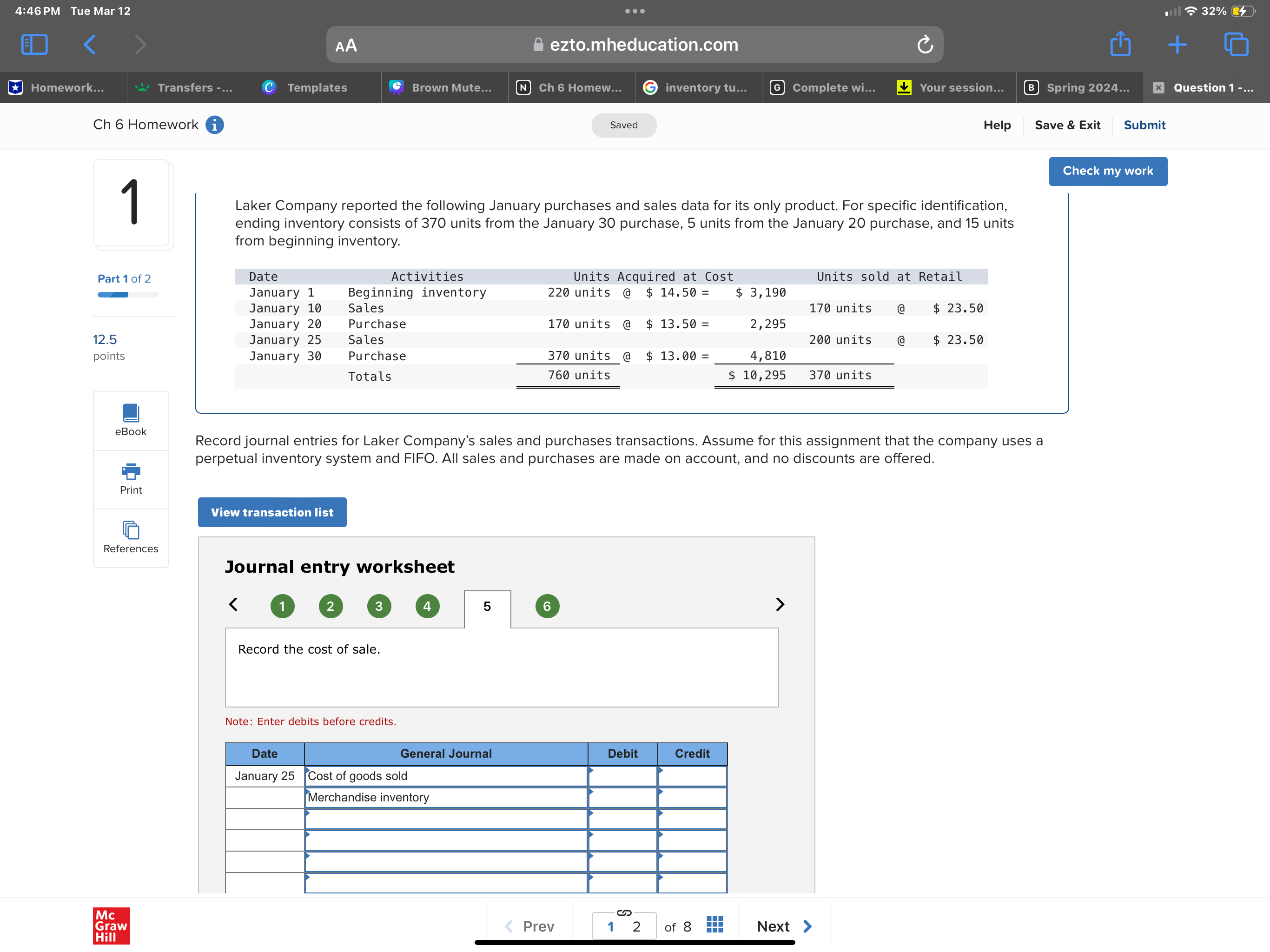 @ $3 = $ 630 February 15 Sales 160 units @$ 8