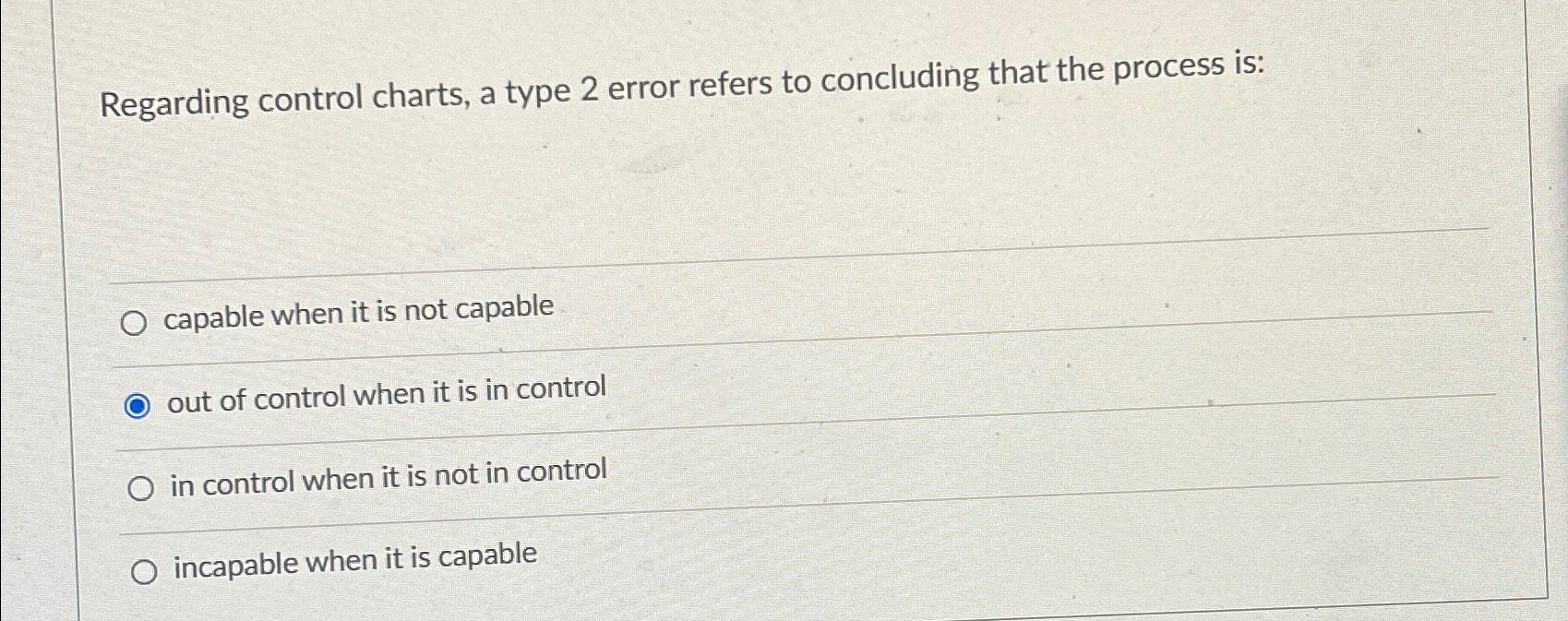  Regarding control charts, a type 2 error refers to concluding that