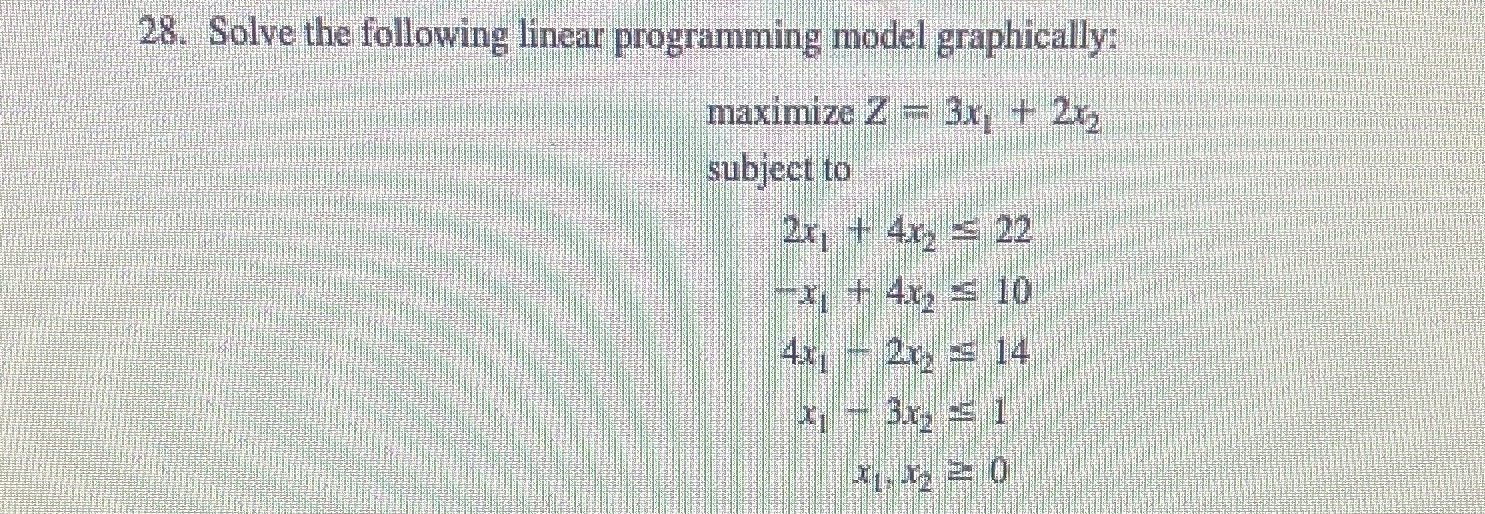 Please provide math, graph, and optimal solution. Thank you 28. Solve the