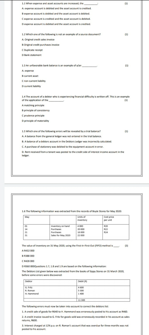 please help 1.1 When expense and asset accounts are increased, the (1)
