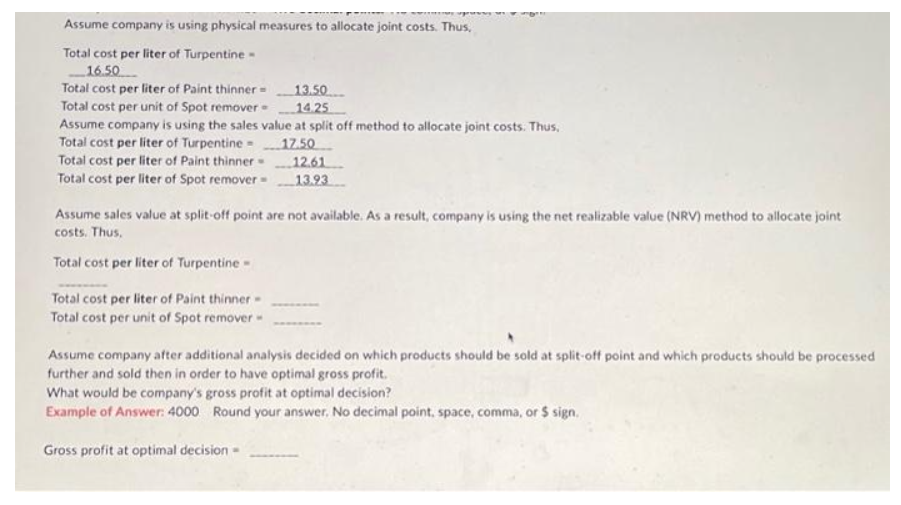 three products: turpentine, paint thinner, and spot remover. During May, the joint