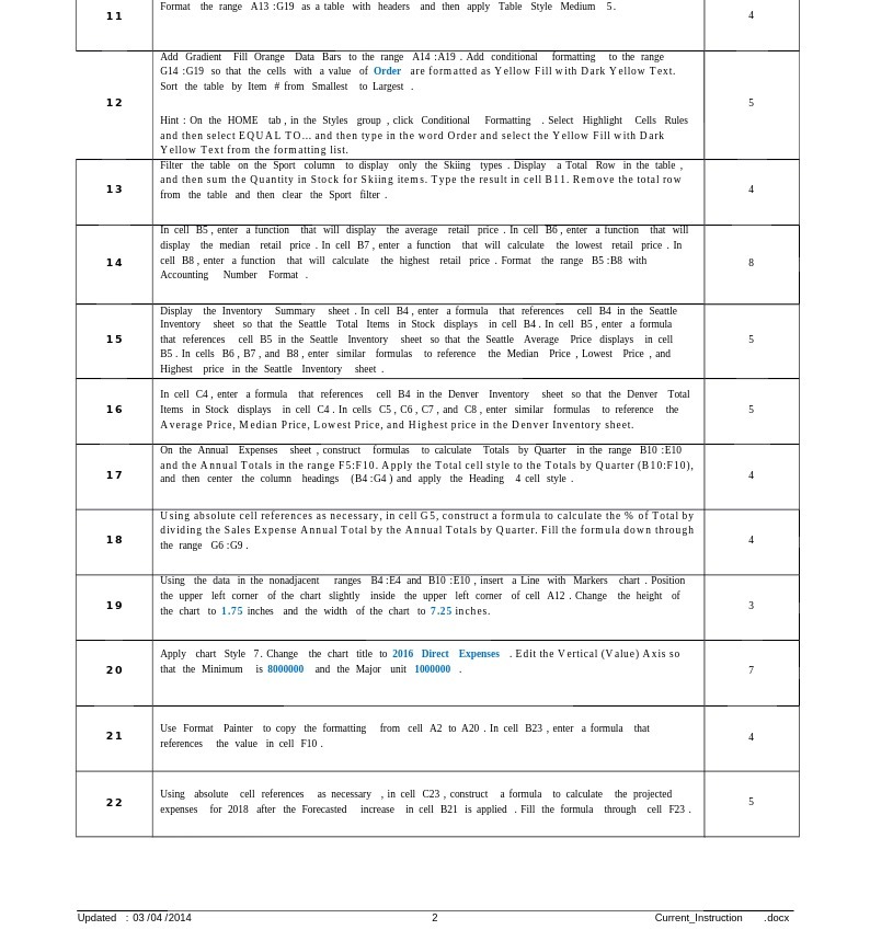 11 Format the range A13 :G19 as a table with headers