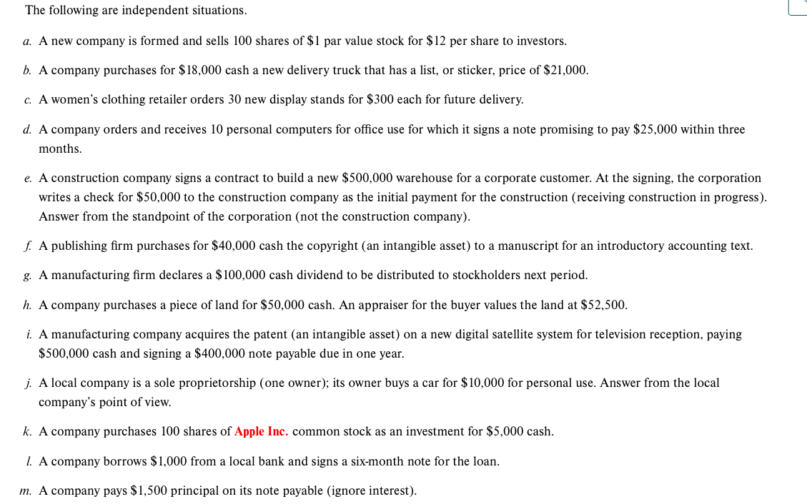 Refer to the question below. Write the journal entry for each transaction,