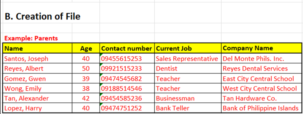 (example) Students Fixed Assets Earnings 1 Parent name 2 Age 3 Contact