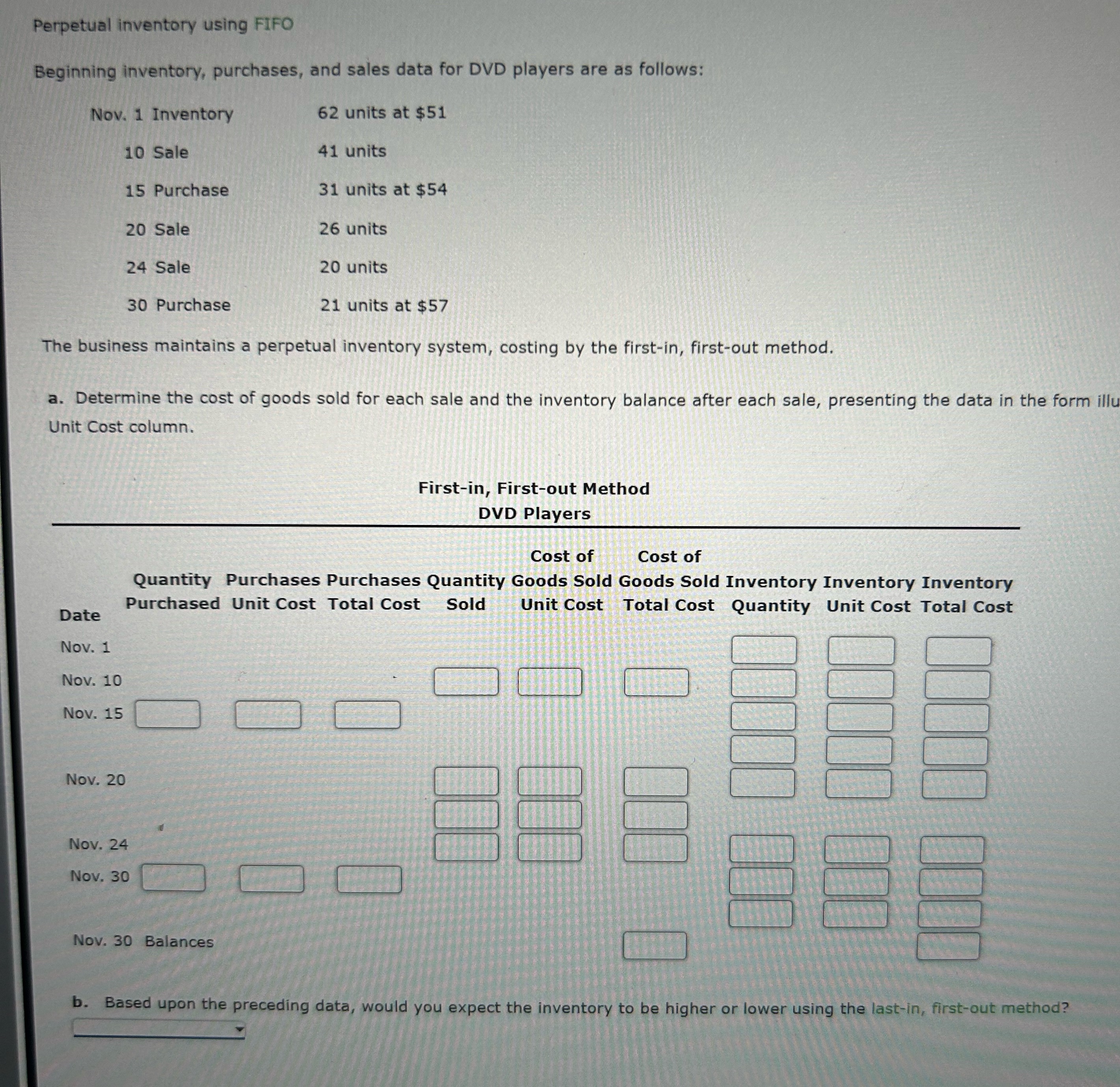 Please put numbers in boxes Perpetual inventory using FIFO Beginning inventory, purchases,