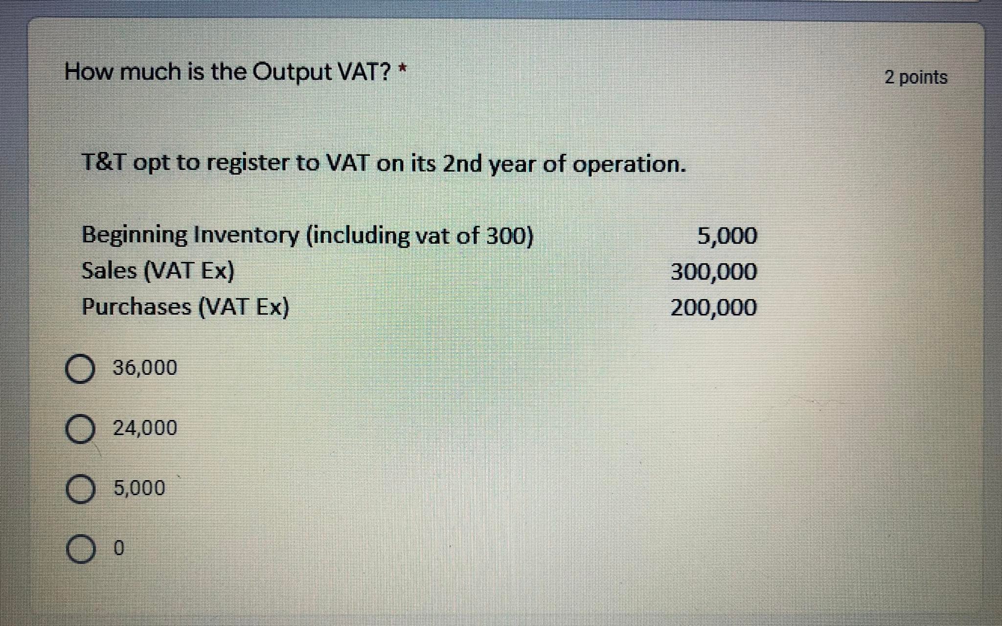 How much is the Output VAT? * 2 points T&T opt