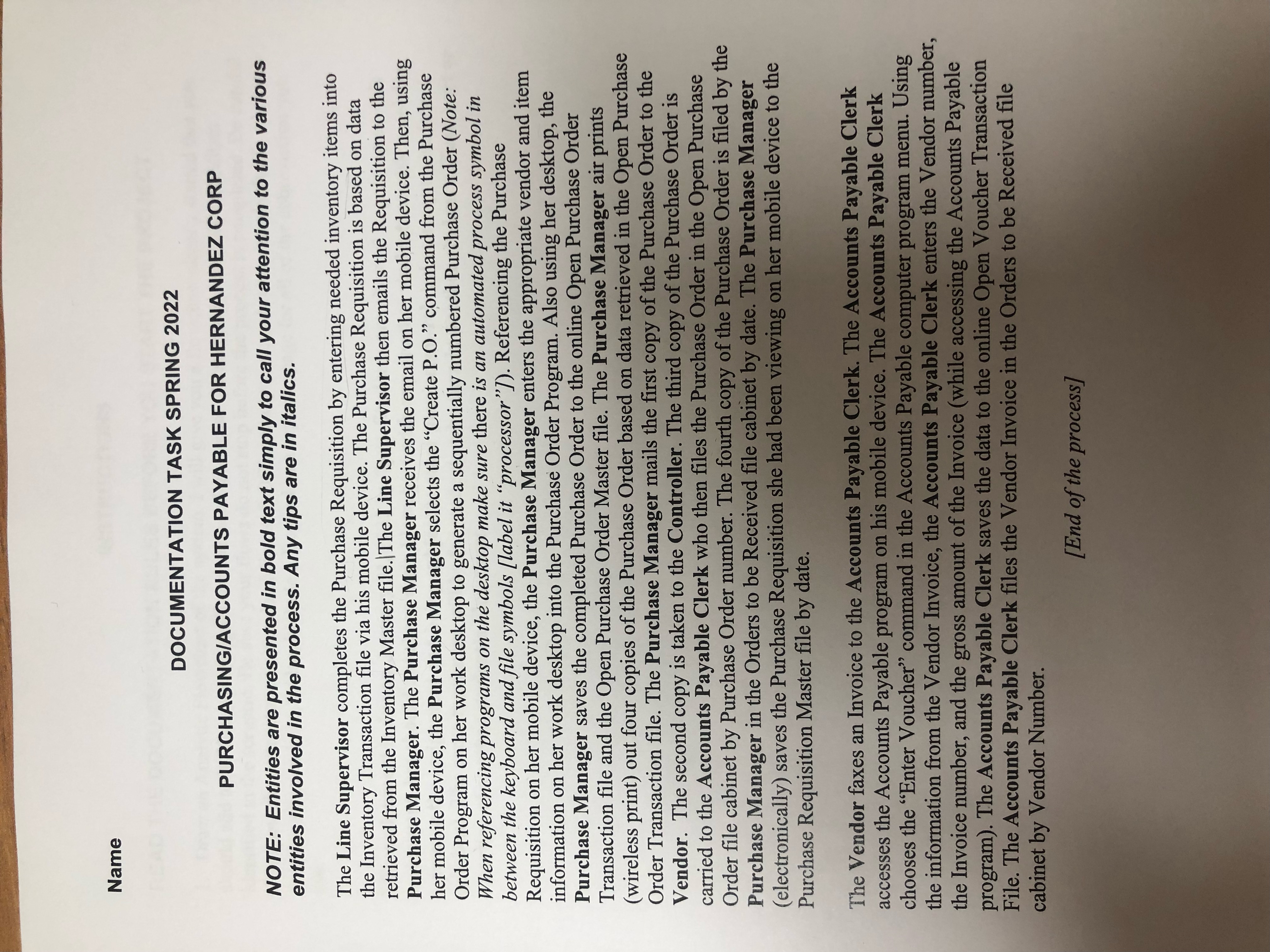  Name DOCUMENTATION TASK SPRING 2022 PURCHASING/ACCOUNTS PAYABLE FOR HERNANDEZ CORP NOTE: