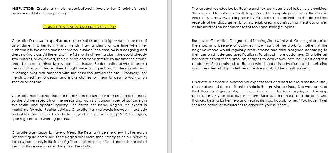 INSTRUCTION: Create a simple organizational structure for Charlotte's small The research