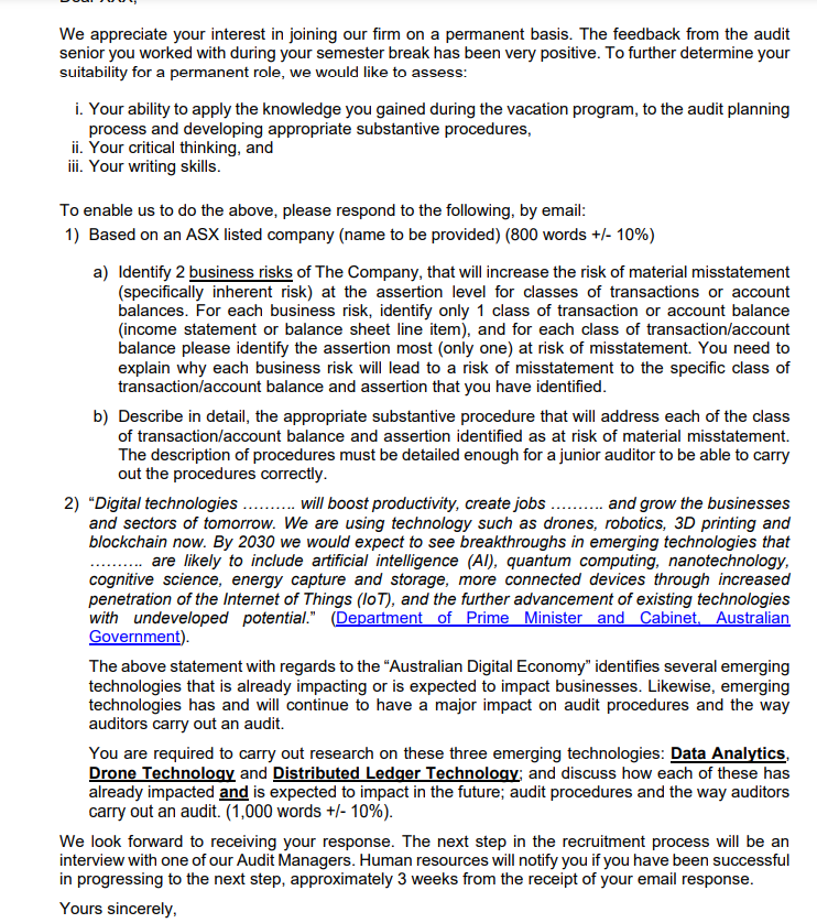 a local audit rm. During the vacation program. you assisted an audit