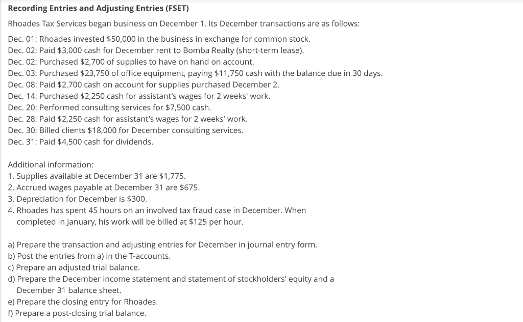 Trial Balance December 31 Debit Credit Cash $ $ Fees receivable Supplies