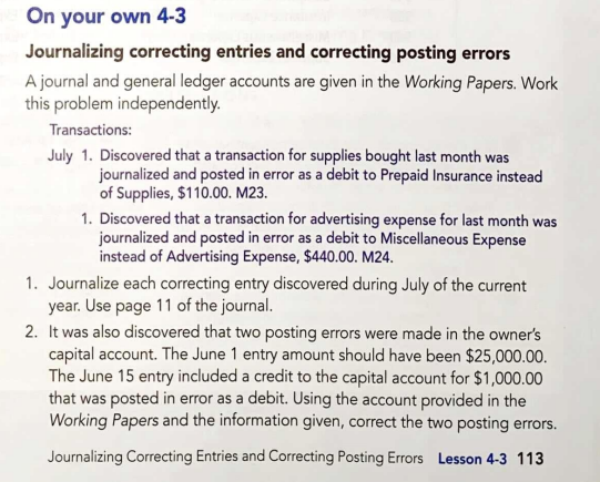 On your own 4-3 Journalizing correcting entries and correcting posting errors