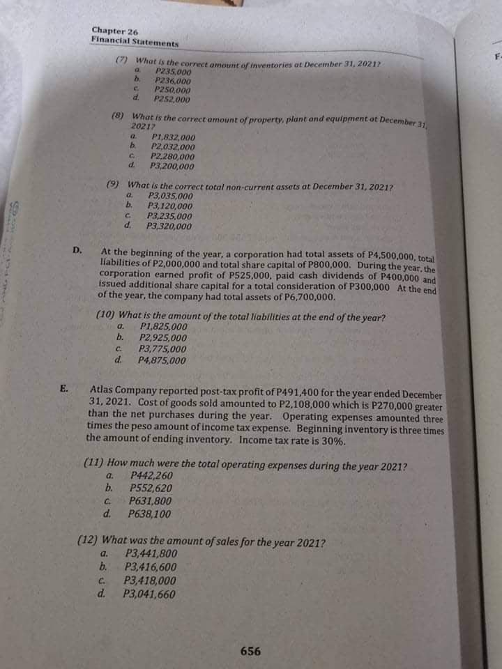 Please answer letter E (12) only. Thank you Chapter 26 Financial Statements