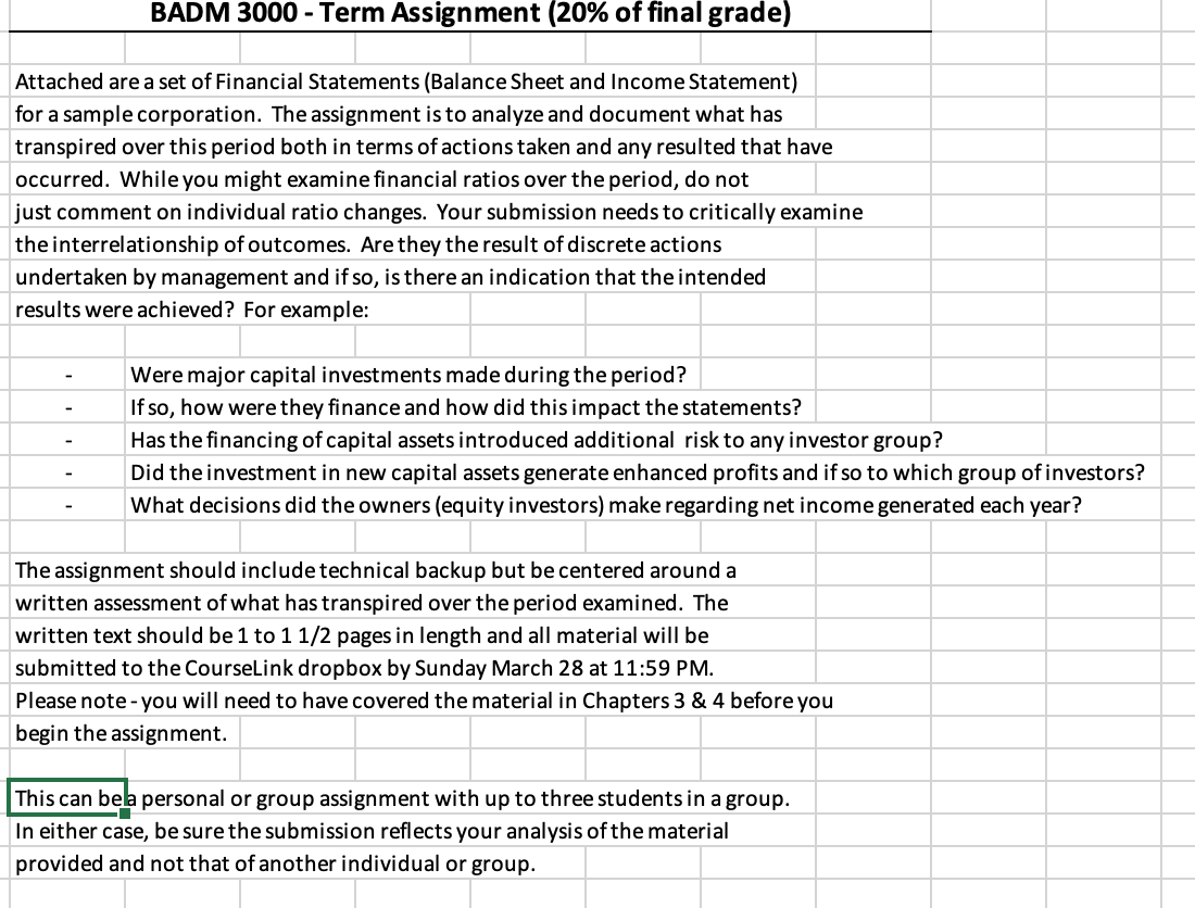 BADM 3000 - Term Assignment (20% of final grade) Attached are