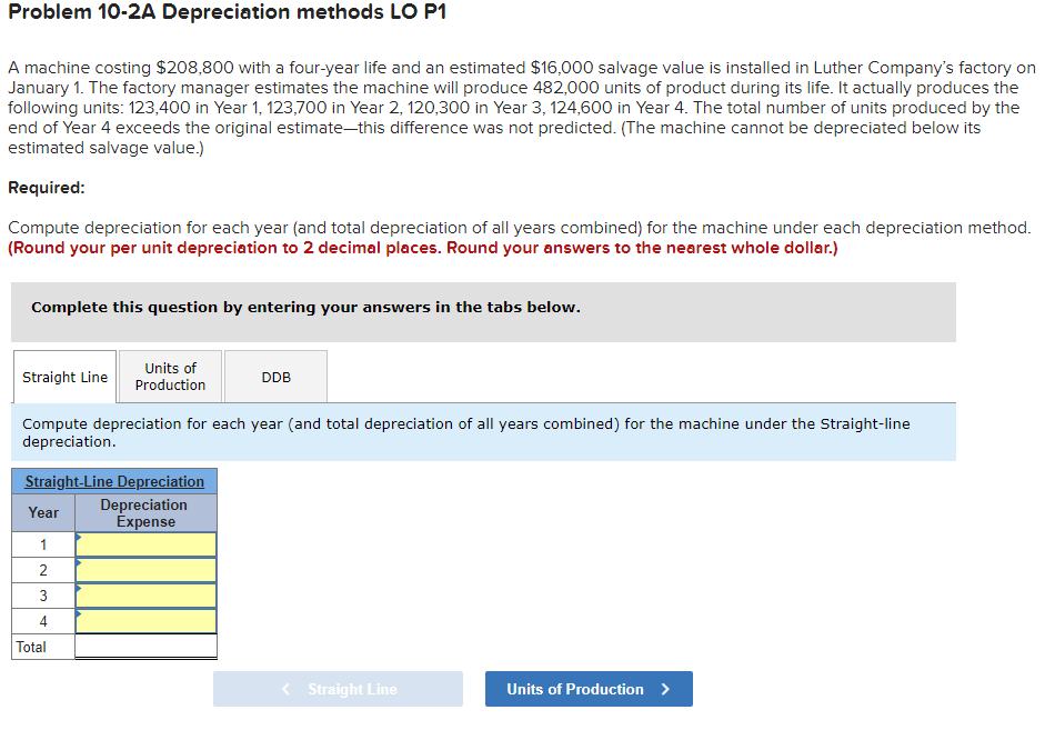  Problem 10-211 Depreciation methods LO P1 A machine costing $208,800 with