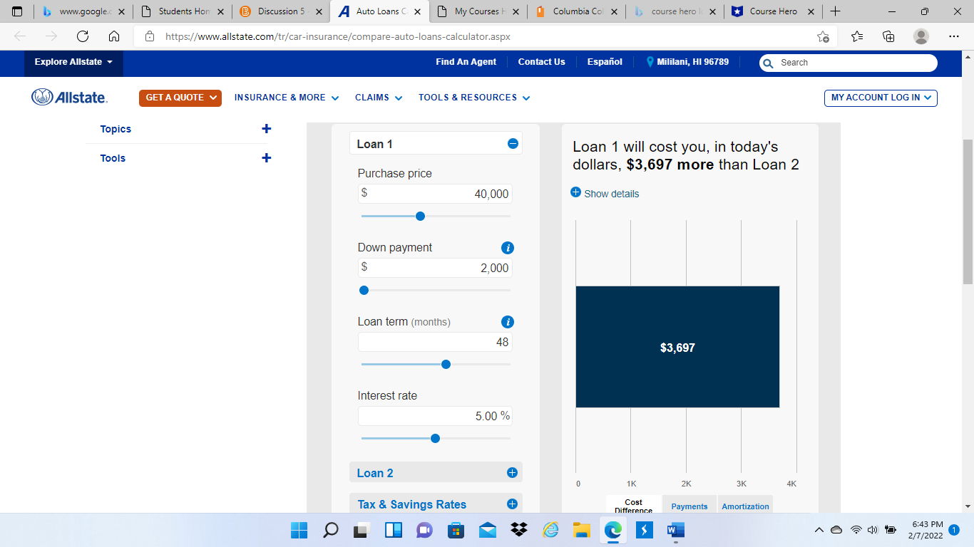 Use the AllState website to compare two different loan offers from a