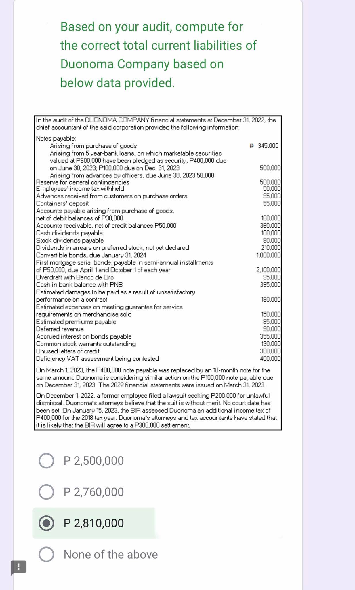  Based on your audit, compute for the correct total current liabilities