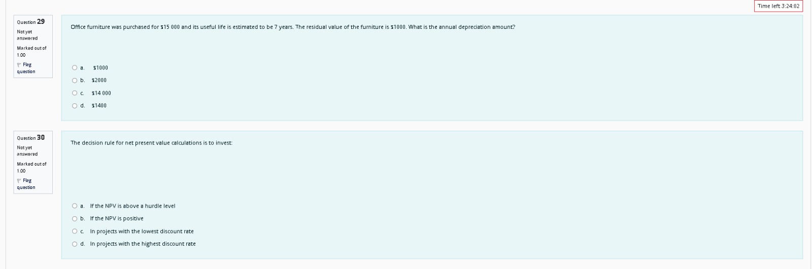 only need Answer no explanation Time left 3:24:02 Question 29 Office furniture