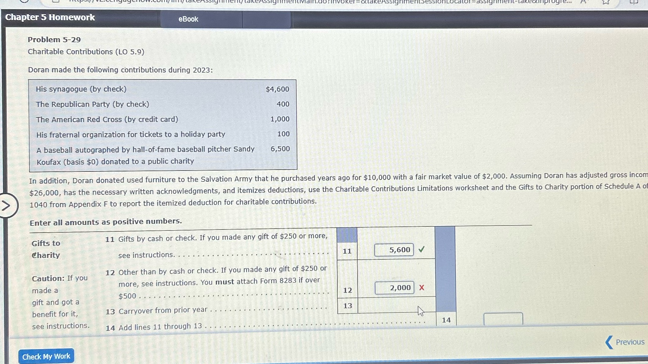 Chapter 5 Homework eBook Problem 5-29 Charitable Contributions (LO 5.9) Doran