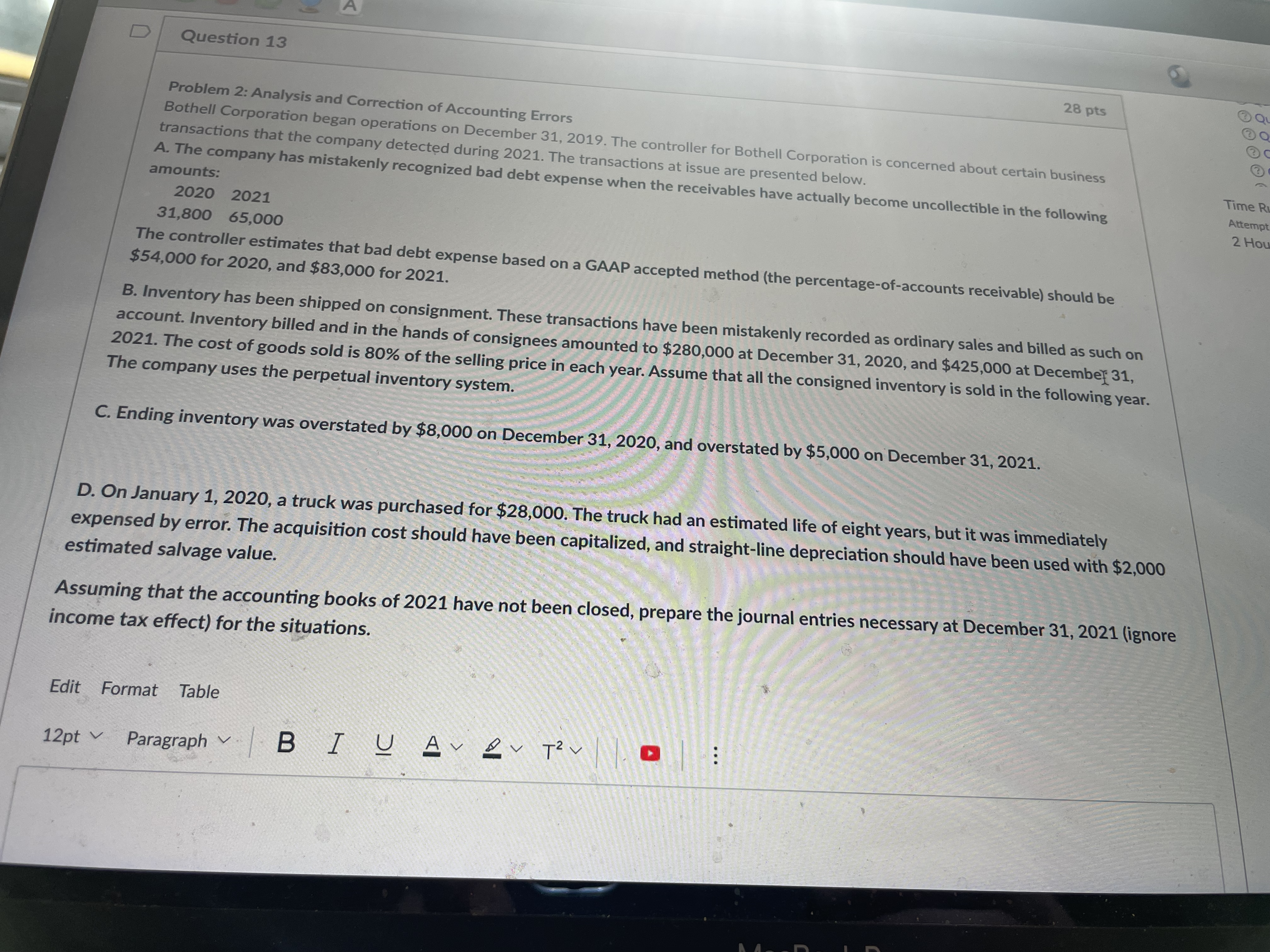  D Question 13 28 pts Problem 2: Analysis and Correction of