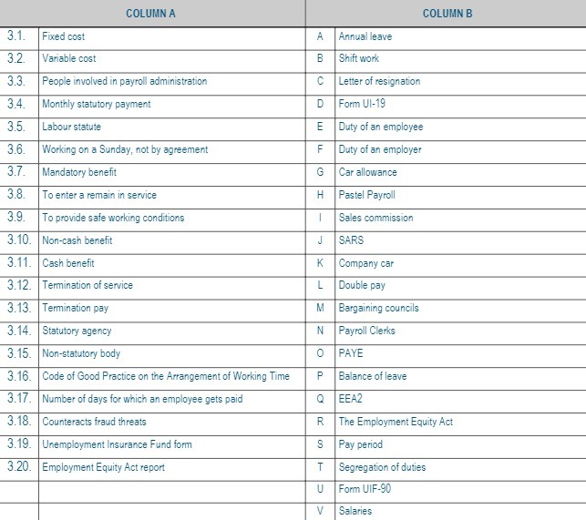 COLUMN A COLUMN B 3.1. Fixed cost A Annual leave 3.2