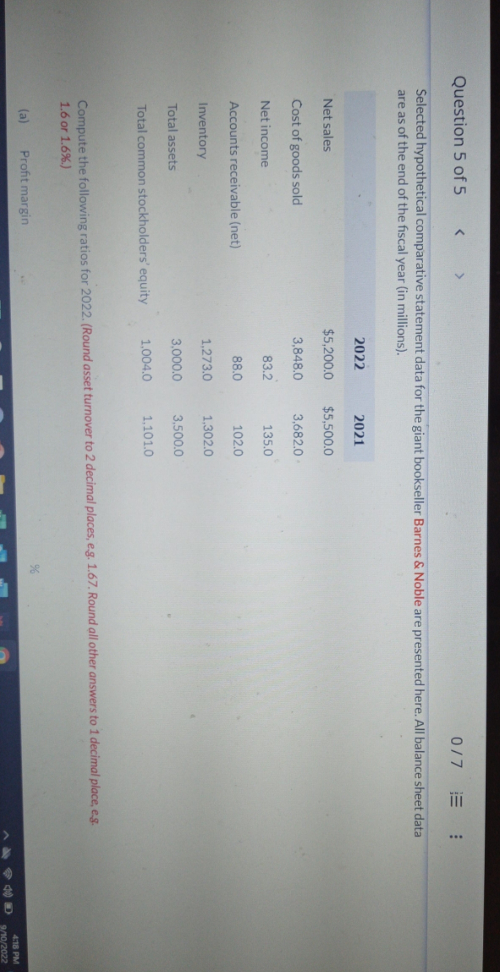 selected hypothetical comparative statement data for the giant bookseller Barnes& noble are
