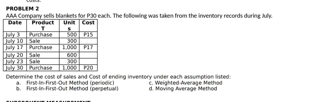 has 1,500 inventories costing P10 per unit. The following chronological transactions transpired
