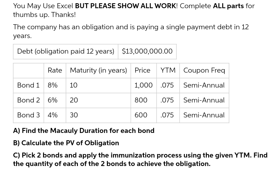 You May Use Excel BUT PLEASE SHOW ALL WORK! Complete ALL