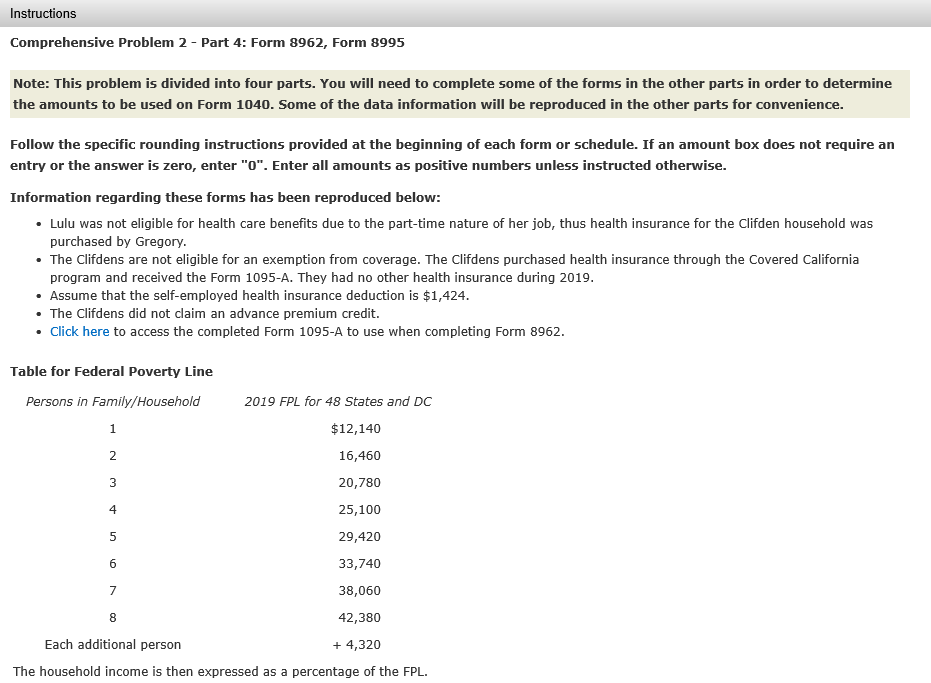Comprehensive Problem 2 - Part 4: Form 8962, Form 8995 Note: This
