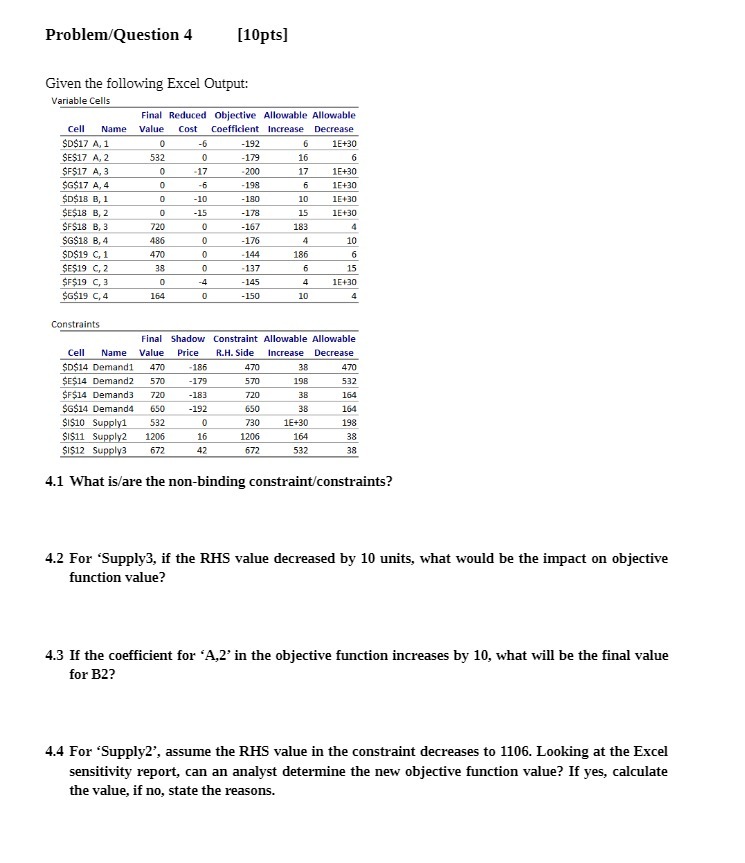  Problem/Question 4 [10pts] Given the following Excel Output: Variable Cells Final