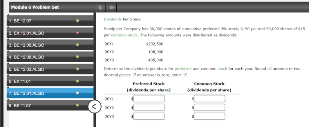 #7, problem set 6 Module 6 Problem Set 1. BE. 12.07 Dividends