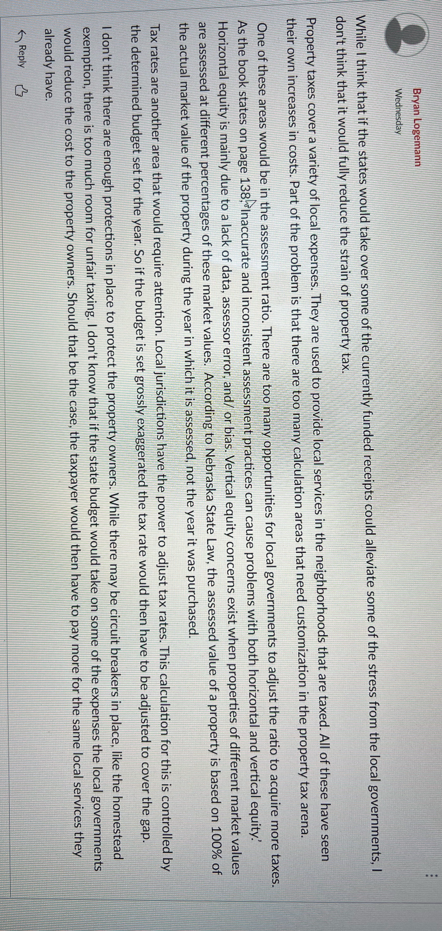 Please make a nice comment on classmate post Bryan Logemann Wednesday While